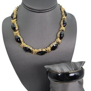 Vintage Chunky Black Enamel X Link Necklace and Hinged Bracelet Set